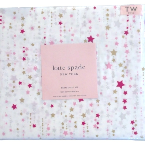 Kate Spade Twin Size Sheet Set white with gold, pink red stars stardust NWT - Picture 1 of 7